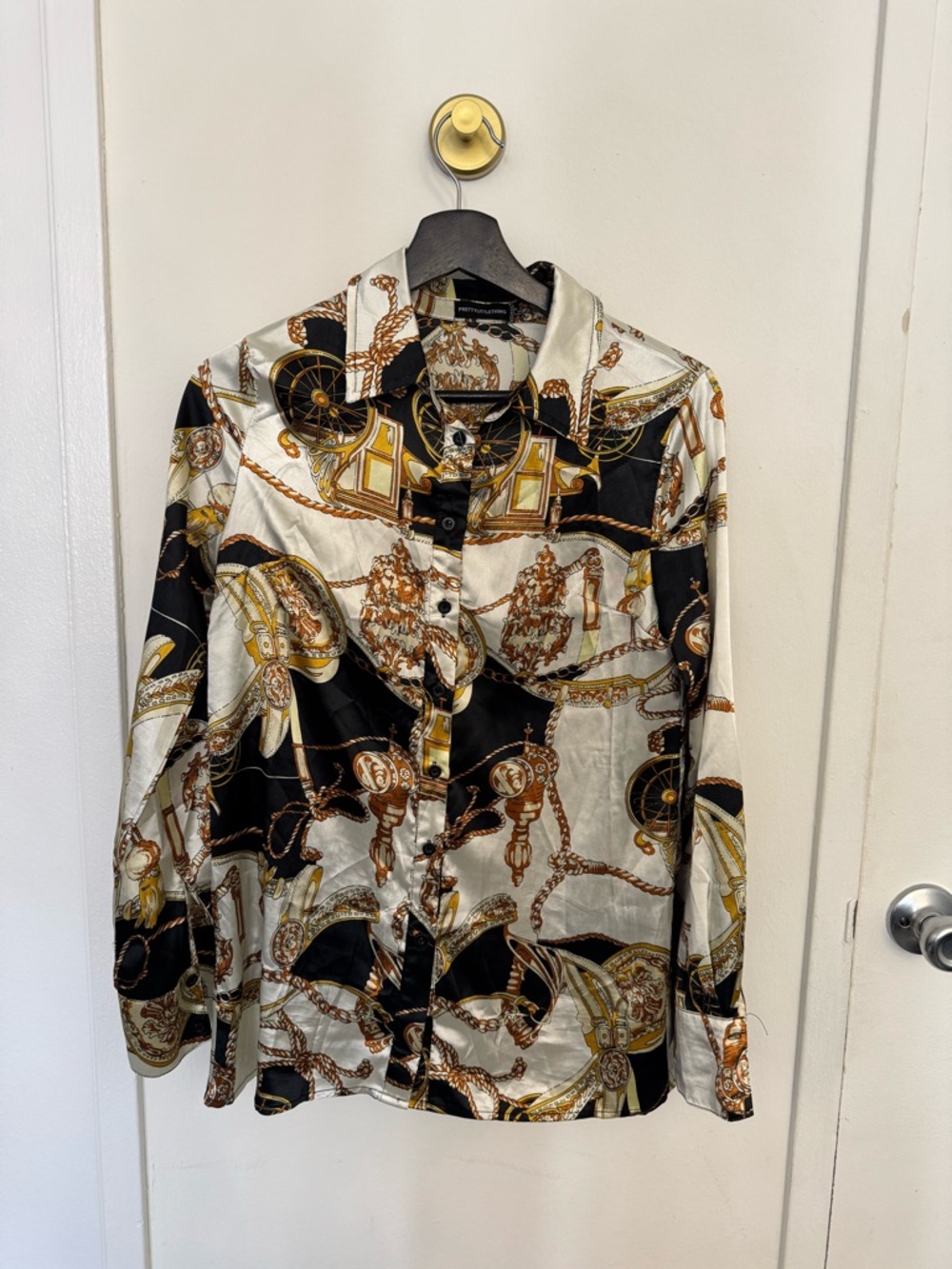 PLT Silk-Feel Chain Print Button-Up Shirt - Size 2